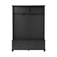 Modern Hall Tree with Storage Cabinet, 2 Large Drawers, Mudroom Bench with 5 Coat Hooks, 59" L x 16" W x 80.5" H, Black(m-2)