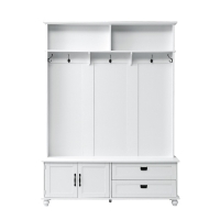 Modern Hall Tree with Storage Cabinet and 2 Large Drawers, Wide Mudroom Bench with 5 Coat Hooks, 59" L x 16" W x 80.5" H, White