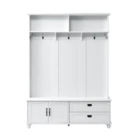 Modern Hall Tree with Storage Cabinet and 2 Large Drawers, Wide Mudroom Bench with 5 Coat Hooks, 59" L x 16" W x 80.5" H, White(m-2)