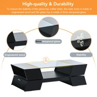 Vinsetto Glass-Top Coffee Table with Open Shelves and Cabinets, Geometric Style, 2-Tier Center Table for Living Room, 45" L x 22" W x 15" H, Black(m-8)