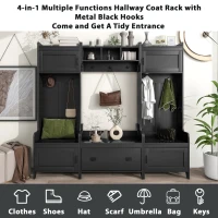 Vinsetto Modern 4-in-1 Hall Tree with Coat Rack, Storage Bench, Entryway Shelf, 7 Metal Hooks, and 4 Cabinets, 78.5" L x 15" W x 72" H, Black(m-5)