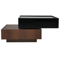Multi-functional Square Coffee Table with 360° Rotating Top, 2 Drawers, High Gloss 2-Tier Design, 24" L x 24" W x 15" H, Black+Dark Walnut(m-13)