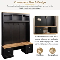 Farmhouse 4-in-1 Hall Tree with Bench and Adjustable Shelves, Multifunctional Storage Coat Rack with Hooks, 55" L x 16.5" W x 73.5" H, Black(m-7)