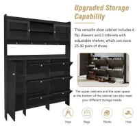 Vinsetto Multifunctional Shoe Cabinet with Storage Shelf, 6 Drawers, 4 Hooks and Tempered Glass Doors, Modern Hall Tree, 62" L x 7" W x 82" H, Black(m-8)