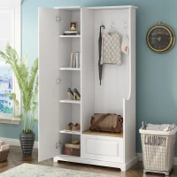 Hall Tree with Flip-Up Bench, Adjustable Shelves, and Hanging Hooks for Entryways, 36" L x 15.5" W x 70.5" H, White(m-1)