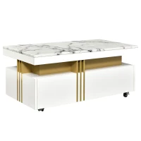 Vinsetto Contemporary Coffee Table with Faux Marble Top, Rectangle Cocktail Table with Caster Wheels and Two Drawers, 39.5" L x 20" W x 17.5" H, White(m-13)