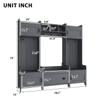 Vinsetto Modern 4-in-1 Hall Tree with Coat Rack, Storage Bench, Entryway Shelf, 7 Metal Hooks, and 4 Cabinets, 78.5" L x 15" W x 72" H, Grey(m-3)