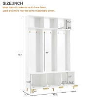 Modern Hall Tree with Bench, High Gloss Fluted Doors, 6 Gold Hooks, and Storage Cubbies, 49.5" L x 15.5" W x 75.5" H, White+Gold(m-3)