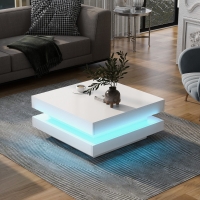 Vinsetto High Gloss Minimalist Coffee Table with LED Lights, 2-Tier Square Center Table for Living Room, 31.5" L x 31.5" W x 14" H, White
