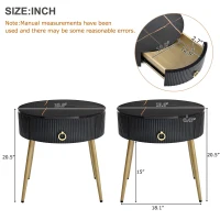 Set of 2 Modern End Tables with Storage, Faux Marble Tabletops, Fluted Panels, and Golden Legs, 19.5" L x 19.5" W x 20.5" H, Black+Gold(m-3)