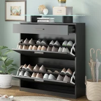 Shoe Cabinet with 2 Flip Drawers and Adjustable Shoe Storage, Tempered Glass Top, LED Light, 35" L x 9.5" W x 41" H, Black(m-1)