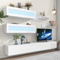 Vinsetto Wall Mount Floating TV Stand with 4 Media Storage Cabinets, 2 Shelves, and 16-Color RGB LED Lights for 95+" TV, White(m-1)