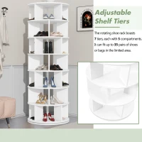 360° Spinning Shoe Cabinet with 5 Grids Per Layer, Adjustable 7-Tier Rotating Shoe Rack Tower, for Living Room, 23.5" L x 23.5" W x 65" H, White(m-6)