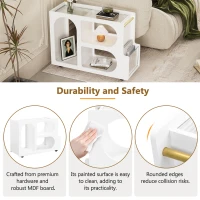 Mobile End Table with Lockable Wheels, Fluted Tempered Glass, Golden Round Rod, Side Table for Living room, 31.5" L x 12" W x 23" H, White(m-6)