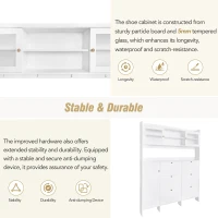 Multifunctional Shoe Cabinet with Storage Shelf, 6 Drawers, 4 Hooks and Tempered Glass Doors, Modern Hall Tree, 62" L x 7" W x 82" H, White(m-9)