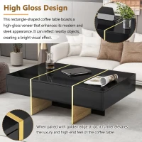 Minimalist High Gloss Coffee Table with 2 Drawers, Storage Rectangle Sofa Table, with Golden Wood Legs, 47" L x 31.5" W x 15.5" H, Black(m-6)