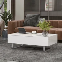 Vinsetto Multi-functional Coffee Table with Lifted Tabletop, Contemporary Design, Metal Frame Legs, High-gloss Surface, 45" L x 26.5" W x 14" H, White(m-1)