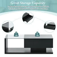 Modern Coffee Table with Tempered Glass, Wooden Cocktail Table with High-Gloss UV Surface, 2-Tier Rectangle Center Table for Living Room, Black(m-7)