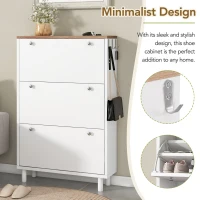 Vinsetto Narrow Design Shoe Cabinet with 3 Flip Drawers, Wood Grain Top, Adjustable Shelves, and 3 Hooks, 31.5" L x 9.5" W x 48" H, White(m-5)