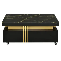 Vinsetto Contemporary Coffee Table with Faux Marble Top, Rectangle Cocktail Table with Caster Wheels, Gold Metal Bars, 39.5" L x 20" W x 17.5" H, Black(m-2)