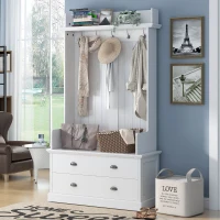 Vinsetto Vintage Style Hallway Coat Rack with 5 Metal Hooks and 2 Large Drawers, MDF Veneer, 38.5" Wide, White(m-1)