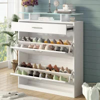 Shoe Cabinet with 2 Flip Drawers and Adjustable Shoe Storage, Tempered Glass Top, LED Light, 35" L x 9.5" W x 41" H, White(m-4)