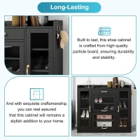 Vinsetto Modernist Side Storage Cabinets with 4 Glass Doors & 3 Hooks, Freestanding Shoe Rack with Adjustable Shelves, Gold Handles, Black(m-7)