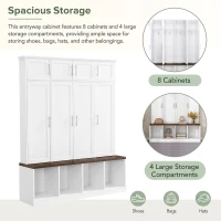 Vinsetto Multi-Functional Hall Tree with 4 Hidden Hanging Hooks, Brown Wood Grain Bench, Multiple Storage Spaces, 59" L x 15.5" W x 75" H, White(m-7)
