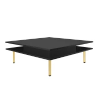 Exquisite High Gloss Coffee Table with 4 Golden Legs, 2 Small Drawers, and 2-Tier Square Center Table for Living Room, Black(m-2)