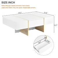Minimalist High Gloss Coffee Table with 2 Drawers, Storage Rectangle Sofa Table, with Golden Wood Legs, 47" L x 31.5" W x 15.5" H, White(m-3)