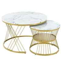 Nesting Coffee Table Set of 2 with Marble Grain Top and Golden Iron Frame, Space-Saving Design, Easy Assembly, White+Gold(m-2)
