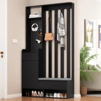 Contemporary Hall Tree with Cushioned Storage Bench, Multifunctional Coat Rack Stand, with Pegboard and 4 Hooks, 39.5" L x 12" W x 71" H, Black(m-4)
