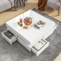 Modern High Gloss Coffee Table with 4 Drawers, Multi-Storage Square Cocktail Tea Table with Wood Grain Legs, 31.5''x31.5'', White(m-4)