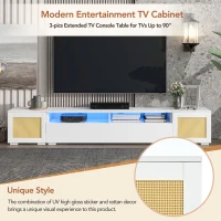 Vinsetto Modern TV Stand Fits TVs Up to 90" with Push to Open Doors, LED Lights, Rattan Style Entertainment Center, 82.5" L x 15.5" W x 14" H, White(m-5)