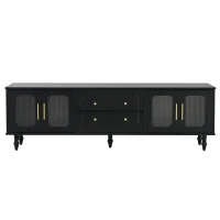 Retro Design TV Stand with Fluted Glass Doors, 2 Drawers and Cabinets, Fits TVs Up to 78", 70" L x 16" W x 22" H, Black(m-2)