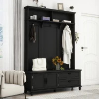 Modern Hall Tree with Storage Cabinet, 2 Large Drawers, Mudroom Bench with 5 Coat Hooks, 59" L x 16" W x 80.5" H, Black(m-1)