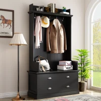 Vinsetto Vintage Style Hallway Coat Rack with 5 Metal Hooks and 2 Large Drawers, 38.5" Wide Entryway Bench with Metal Handles, MDF Veneer, Black(m-1)