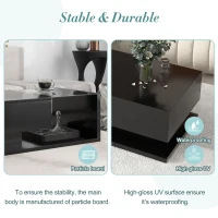 Modern Coffee Table with Tempered Glass, Wooden Cocktail Table with High-Gloss UV Surface, 2-Tier Rectangle Center Table for Living Room, Black(m-5)