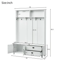 Modern Hall Tree with Storage Cabinet and 2 Large Drawers, Wide Mudroom Bench with 5 Coat Hooks, 59" L x 16" W x 80.5" H, White(m-3)