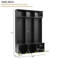 Modern Hall Tree with Bench, High Gloss Fluted Doors, 6 Gold Hooks, and Storage Cubbies, 49.5" L x 15.5" W x 75.5" H, Black+Gold(m-3)