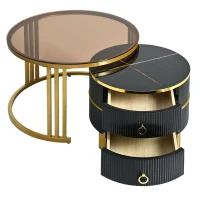 Stackable Coffee Table Set with 2 Drawers, Nesting Tables with Tempered Glass and High Gloss Marble Tabletop, Table for Living Room, Golden Black(m-12)