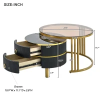 Stackable Coffee Table Set with 2 Drawers, Nesting Tables with Tempered Glass and High Gloss Marble Tabletop, Table for Living Room, Golden Black(m-3)