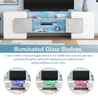 Unique Shape TV Stand for TVs Up to 88" with 2 Illuminated Glass Shelves, High Gloss Entertainment Center, LED Color Changing Lights, Gray(m-5)