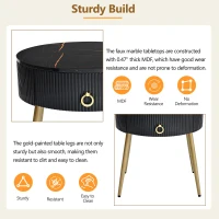 Set of 2 Modern End Tables with Storage, Faux Marble Tabletops, Fluted Panels, and Golden Legs, 19.5" L x 19.5" W x 20.5" H, Black+Gold(m-7)