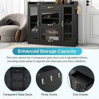 Vinsetto Modernist Side Storage Cabinets with 4 Glass Doors & 3 Hooks, Freestanding Shoe Rack with Adjustable Shelves, Gold Handles, Black(m-6)