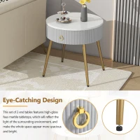 Set of 2 Modern End Tables with Storage, Faux Marble Tabletops, Fluted Panels, and Golden Legs, 19.5" L x 19.5" W x 20.5" H, Grey+Gold(m-5)