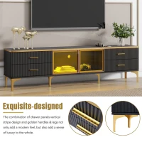 Vinsetto Stylish LED TV Stand with Marble-veined Table Top for TVs Up to 78", Entertainment Center with Glass Storage Cabinet and Golden Legs, Gold+Black(m-5)