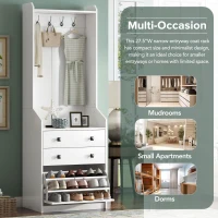Vinsetto 27.5''W Narrow Hall Tree with Flip Drawer, Multi-functional Coat Rack with 4 Hanging Hooks & Adjustable Shoe Storage Cabinet for Hallway, White(m-5)
