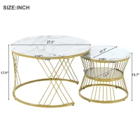 Nesting Coffee Table Set of 2 with Marble Grain Top and Golden Iron Frame, Space-Saving Design, Easy Assembly, White+Gold(m-3)