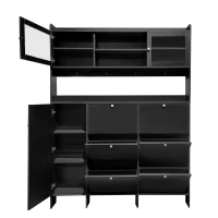 Vinsetto Multifunctional Shoe Cabinet with Storage Shelf, 6 Drawers, 4 Hooks and Tempered Glass Doors, Modern Hall Tree, 62" L x 7" W x 82" H, Black(m-14)